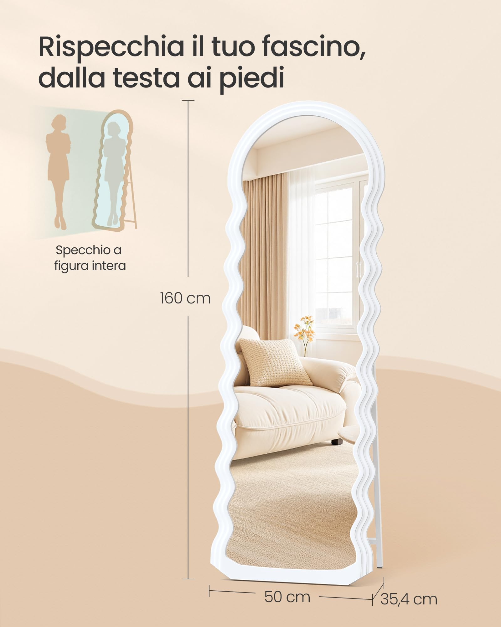 SONGMICS Specchio da Terra a Figura Intera, 160 x 50 cm, Specchio Ondulato Irregolare con Supporto, Cornice in MDF, Camera da Letto Soggiorno Ingresso, Bianco Nuvola LFM027W01