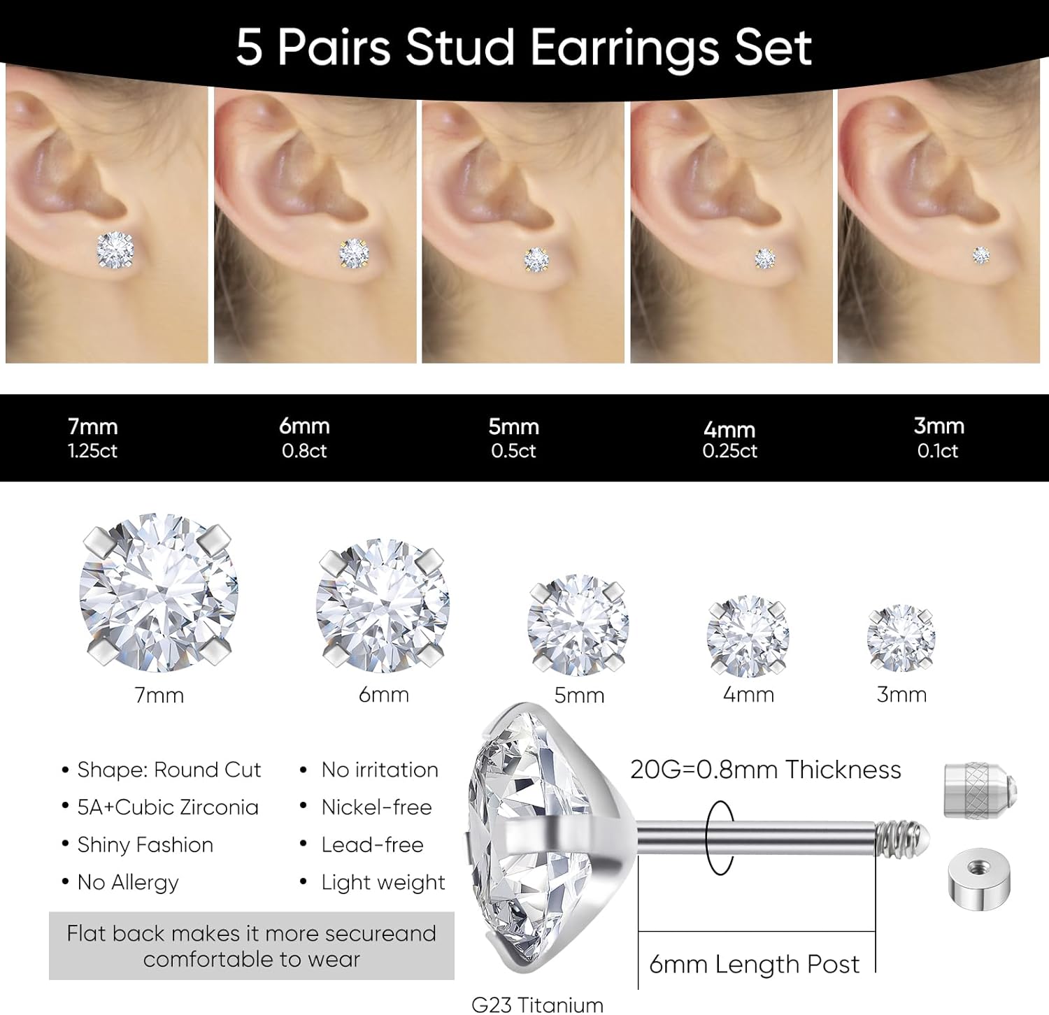5 Pairs Flat Back Stud Earrings for Women, Trendy Cartilage Earring, Hypoallergenic Titanium Earrings Set, Cubic Zirconia Flatback Ear Rings Non Tarnish - Image 2