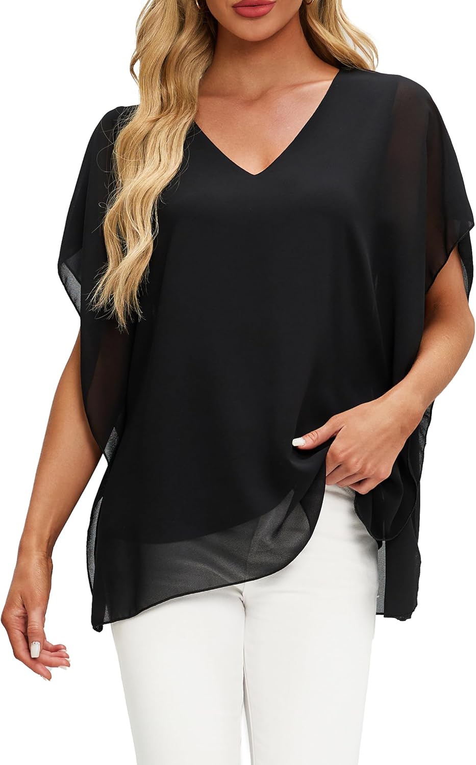 Ckikiou Summer Flowing Flounce Sleeve Chiffon Lined Blouse for Women Loose V Neck Floral Print Double Layered Shirt Top - Image 3