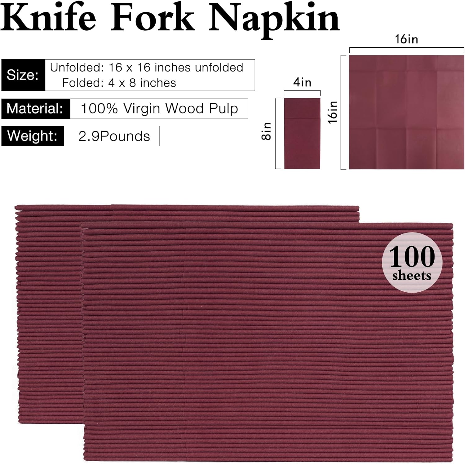 Burgundy Disposable Napkins with Built-in Flatware Pocket, Linen Feel Prefolded Dinner Napkins for Evening Parties, Weddings, Christmas, Cloth Like Paper Napkins, 100Pack