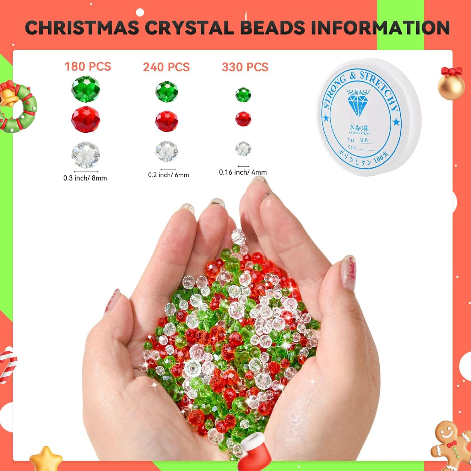 Christmas Beads, 750pcs Christmas Crystal Beads Christmas Red Green White AB for DIY Christmas Necklace Bracelet Earring and Decorations 4mm/6mm /8mm (Christmas Colorful) - Image 3