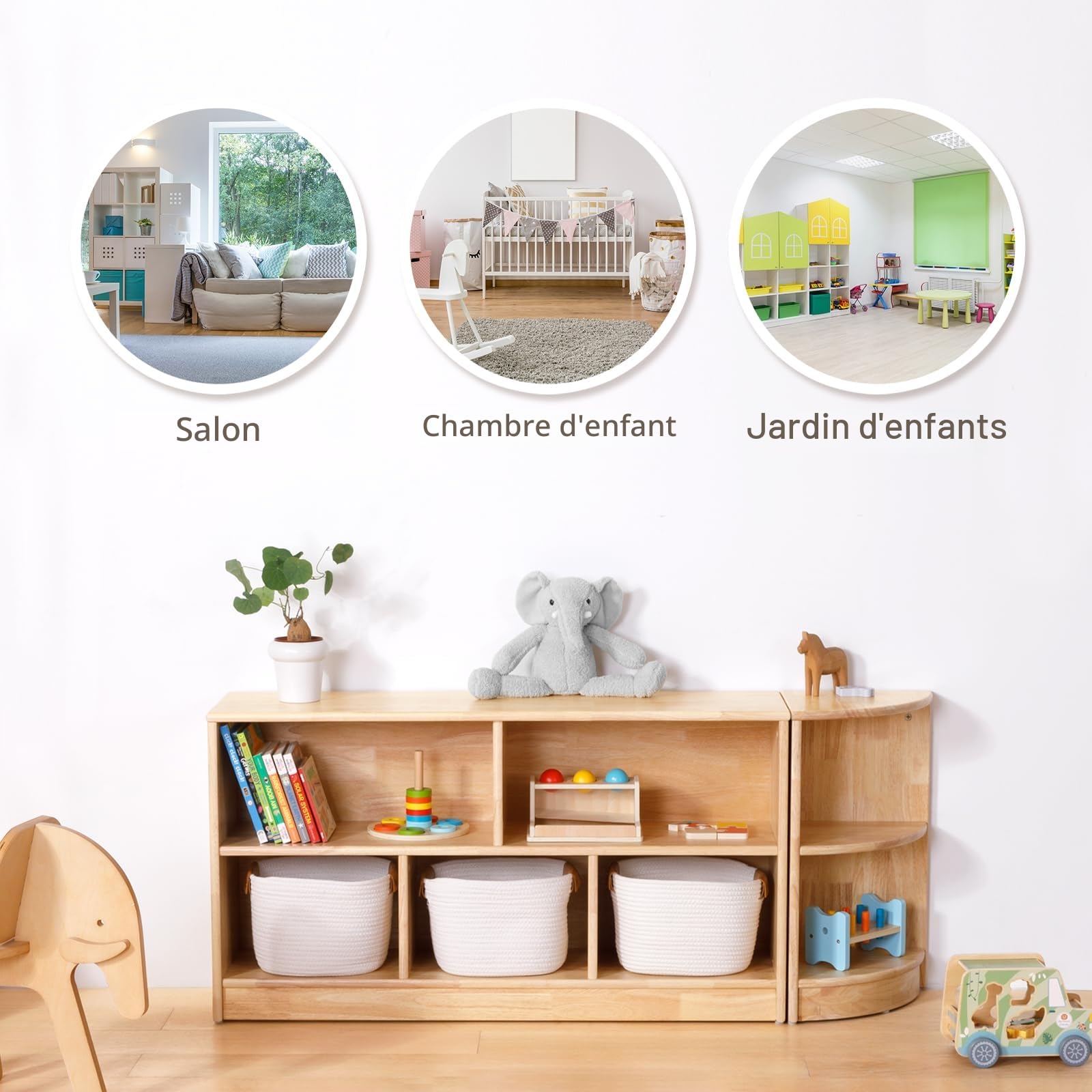 OOOK Étagère-Montessori 5 Cases Bois d'hévéa 110cm (43,3'') - 2 systèmes Rangement & Stockage - Armoire en Bois pour Chambre d'enfant, Salle de Jeux, garderie, Classe & Maternelle
