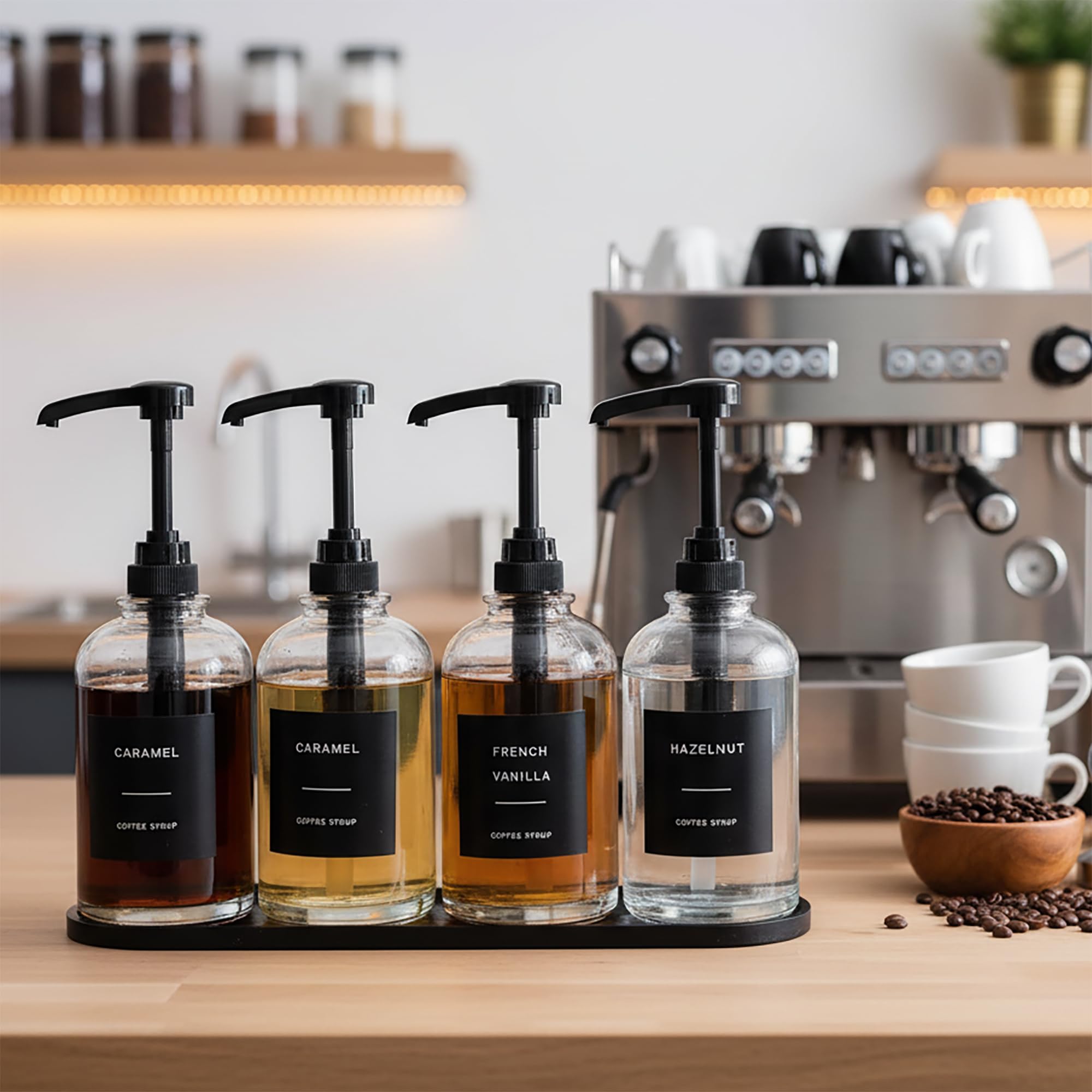 Dispensador de jarabe de café para barra de café, dispensador de jarabe de vidrio con bomba de gran capacidad de 1/4 onzas, botella dispensadora de jarabe de café para estación de café, organizador de
