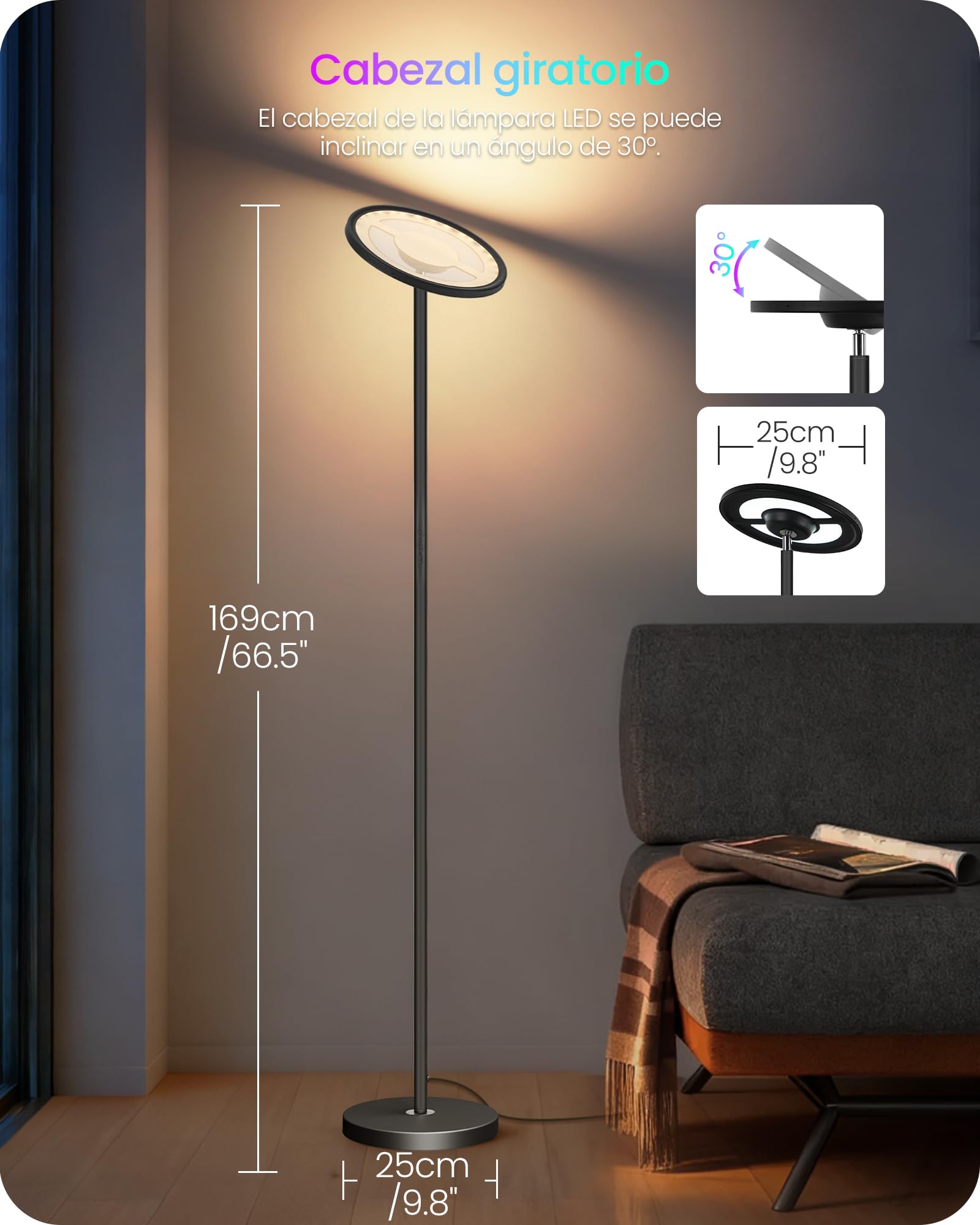 Lámpara de Pie RGB con Control por Aplicación y Voz, Compatible con Alexa, Sincronización Musical, Temporizador, Lámpara de Pie LED Inteligente, 30 W, Luz del 10 al 100%, para Salón, Negro
