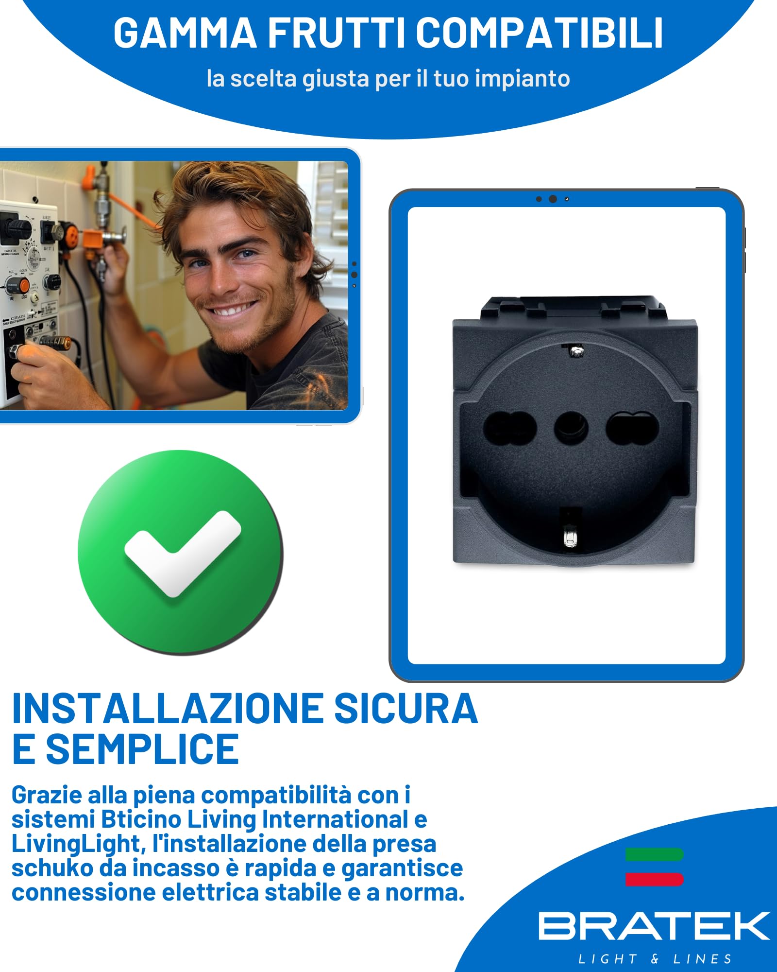 Bratek 2 Prese Schuko Compatibile Bticino Living Light e International 2P+T 10/16A - Presa Elettrica a Muro Tedesca + Bipasso Italiana Antracite x Supporti B Ticino Livinglight e Living International