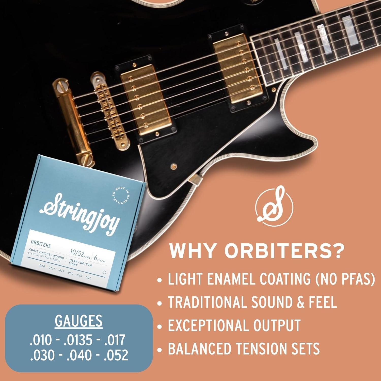 Stringjoy Orbiters 10-52 Heavy Bottom Light Coated Electric Guitar Strings - Coated Nickel Electric Guitar Strings - Long-Lasting & Balanced for Exceptional Playability and Tone, 6 String Set, 2-Pack