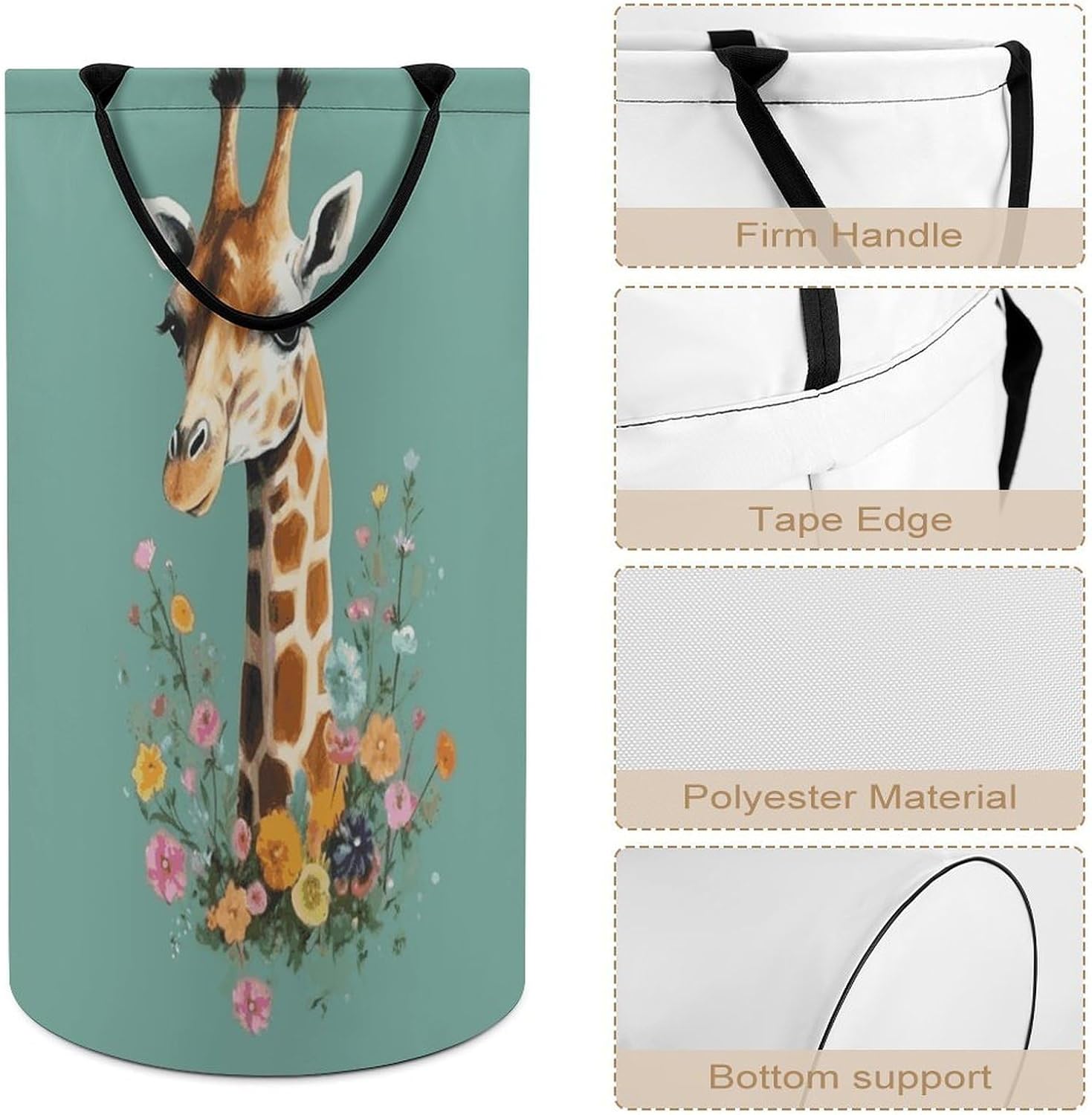 Giraffe with Flowers Laundry Basket Dirty Clothes Bin, Waterproof Laundry Hamper, Laundry Bag, Clothes Hamper Stands for Bedroom, Towels,Clothings image 4