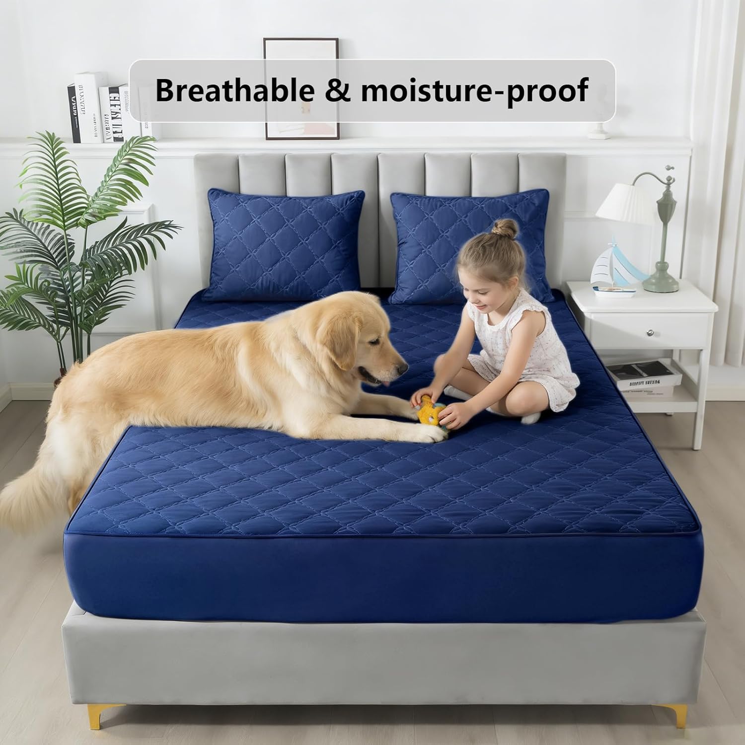 Waterproof Mattress Protector -Twin Size Mattress Pad Silent & Fitted Sheet Style | Full Bed Protection for Kids, Pets, Adults | Hypoallergenic, Machine Washable（Blue,Twin）