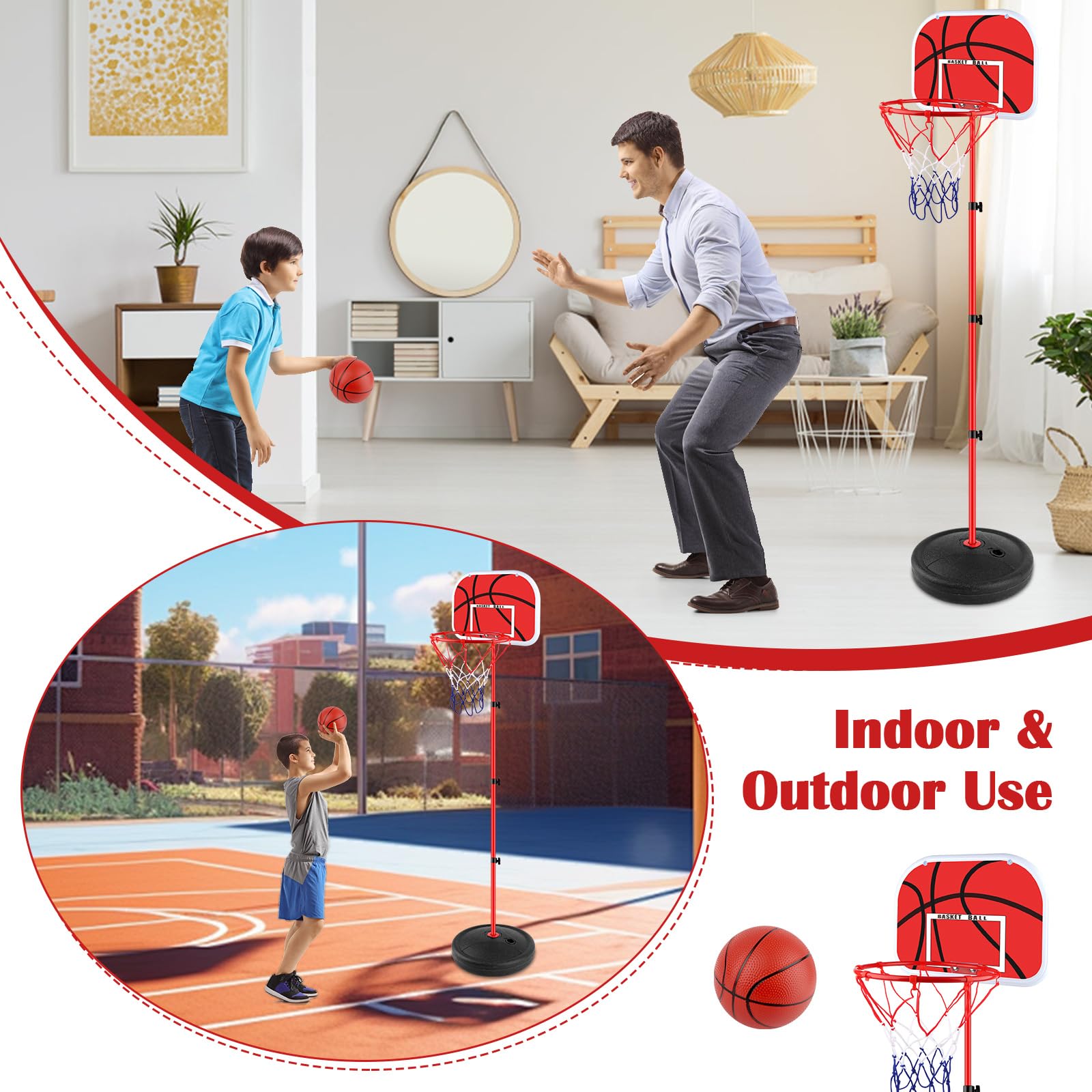 Canasta Baloncesto Infantil, Aro de Basket para Niños con Base, Canasta Baloncesto Exterior Altura Regulable 60 a 150cm, Kit de Canasta Infantil Incluye 2 Pelotas y Bomba, Regalo Deportivo