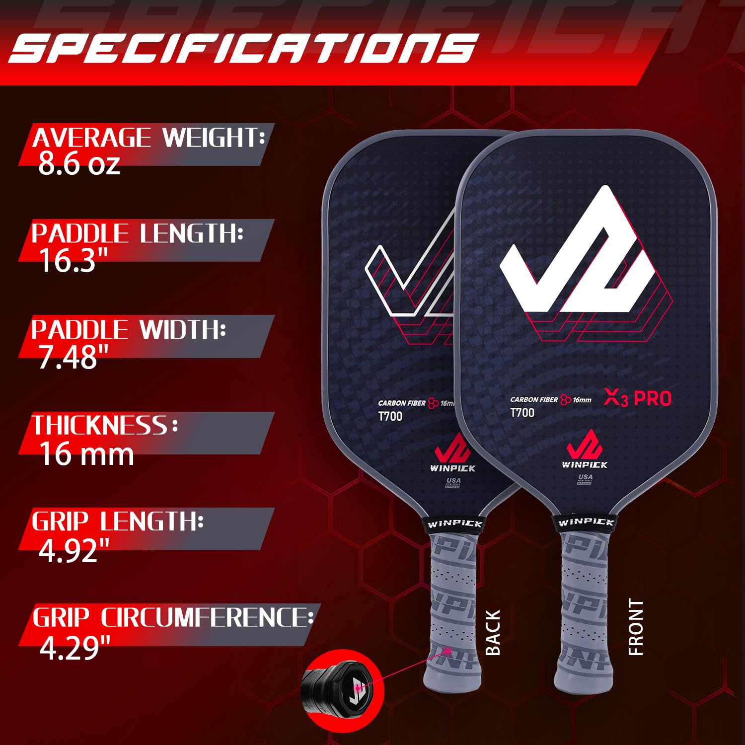 Racchetta per pickleball, superficie in fibra di carbonio T700 termoformata con pareti iniettate in schiuma, nucleo a nido d'ape in PP, controllo stabile delle prestazioni e potenza Pickleball
