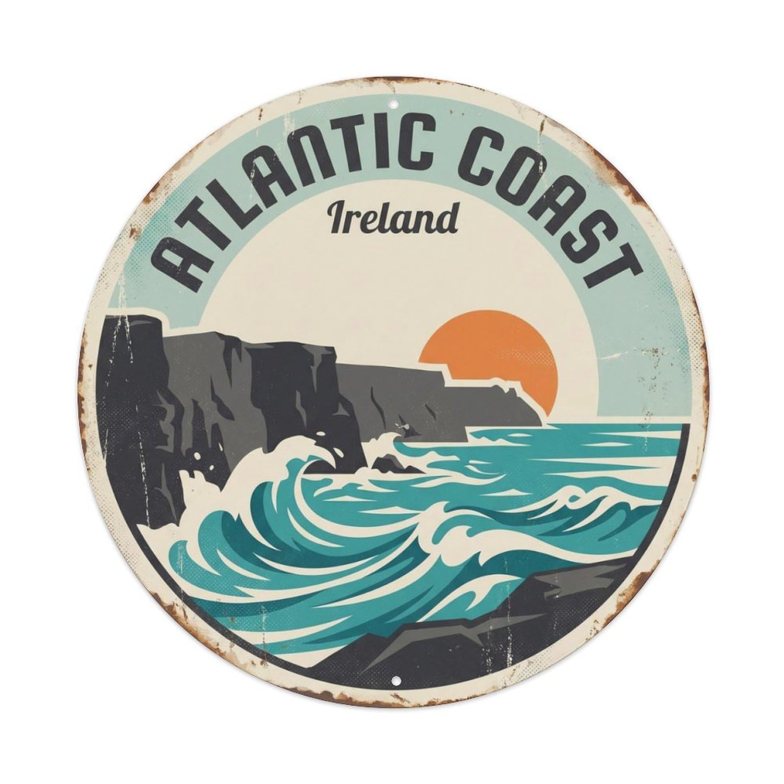 Vintage Travel Atlantic Coast Ireland Metal Tin Sign Plaque Wall Decor for Cafe, Club, Garden Round Metal Poster 8x8Inch