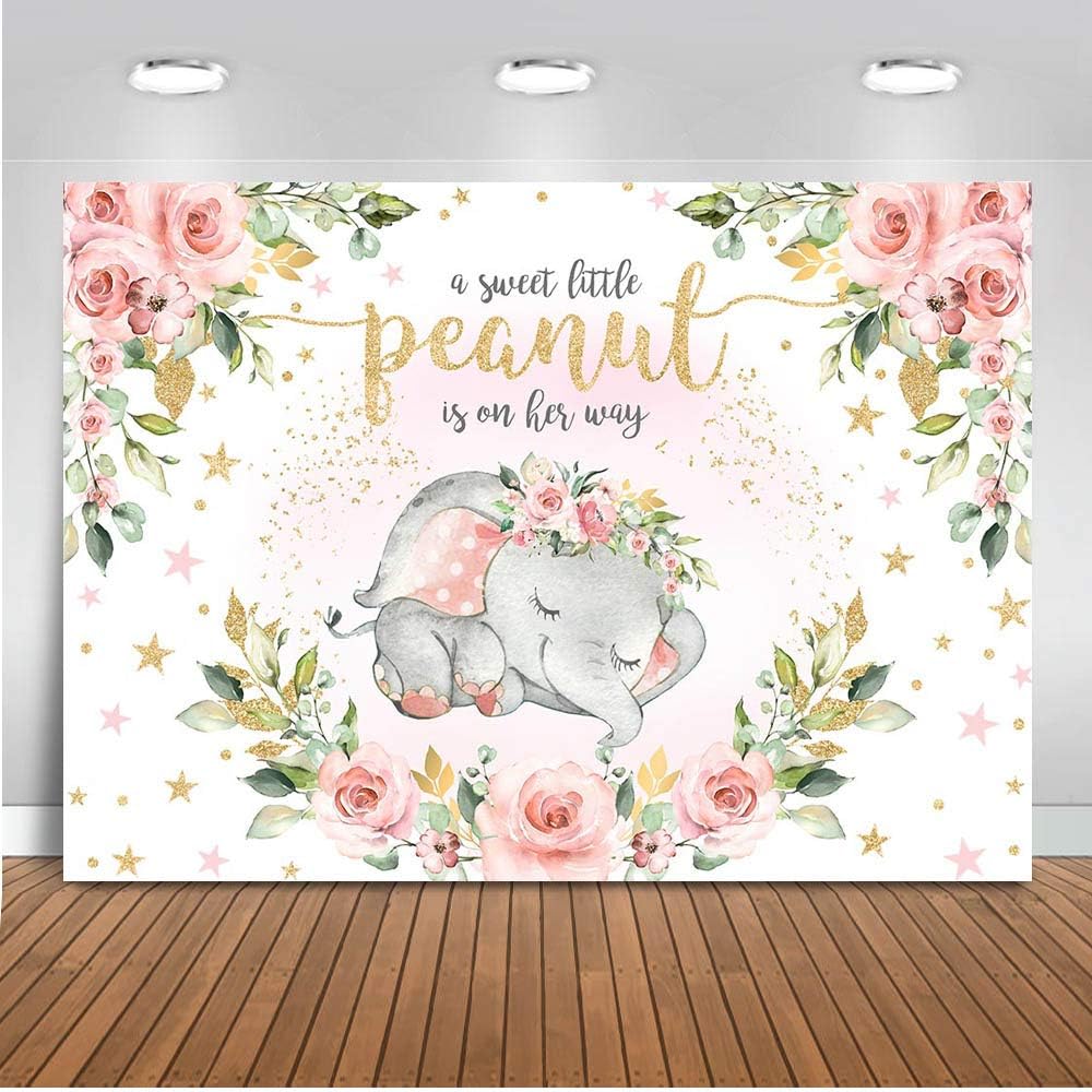 Mocsicka Baby Girl Elephant Baby Shower Backdrop Pink Floral Sweet Little Peanut is on Her Way Photo Backdrops Cute Elephant Party Cake Table Photography Background (10x8ft)