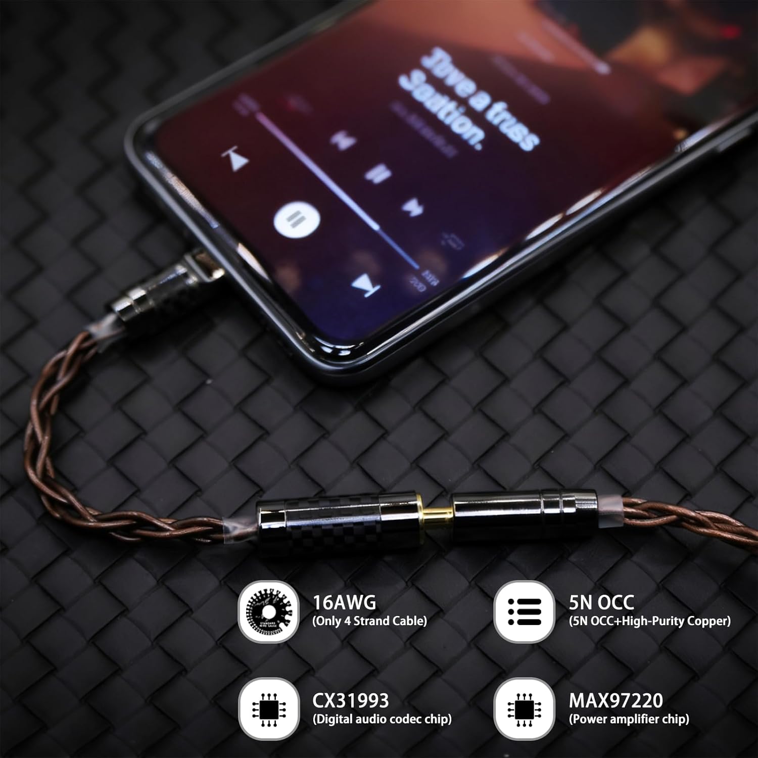 USB C Headphopne Jack Adapter,OCC 4 Cord Aux to USB C DAC Dongle with Dual Chip CX31993 MAX97220,Type-C to 3.5mm Headphone Adapter with in Ear Monitor Cable