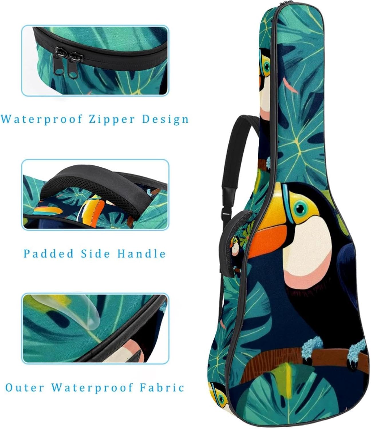 40 41 42 Inch Guitar Bags, Waterproof Padded Acoustic Guitar Case Backpack with Adjustable Shoulder Strap & Pockets, Tropical Birds Toucan