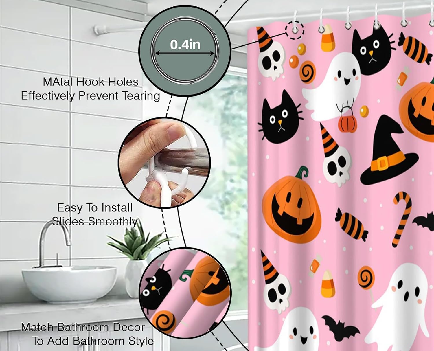Halloween Shower Curtain Ghost Pumpkins Skull Cat Bat Stick Candy Spooky Gothic,Pink White 70" Wx78 H Fabric Bathroom Decor Curtain with Hooks
