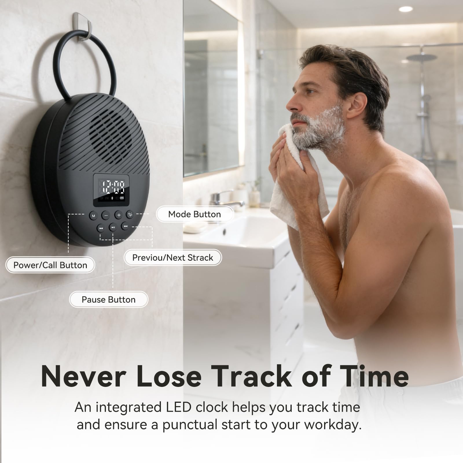 AGPTEK Duschradio Bluetooth 5.4 Badradio | mit Uhr, Lautsprecher, LED-Display & Wecker, IPX5 Wasserdicht Mini Radio for the Bathroom Radio mit Saugnapf & Aufhängeseil
