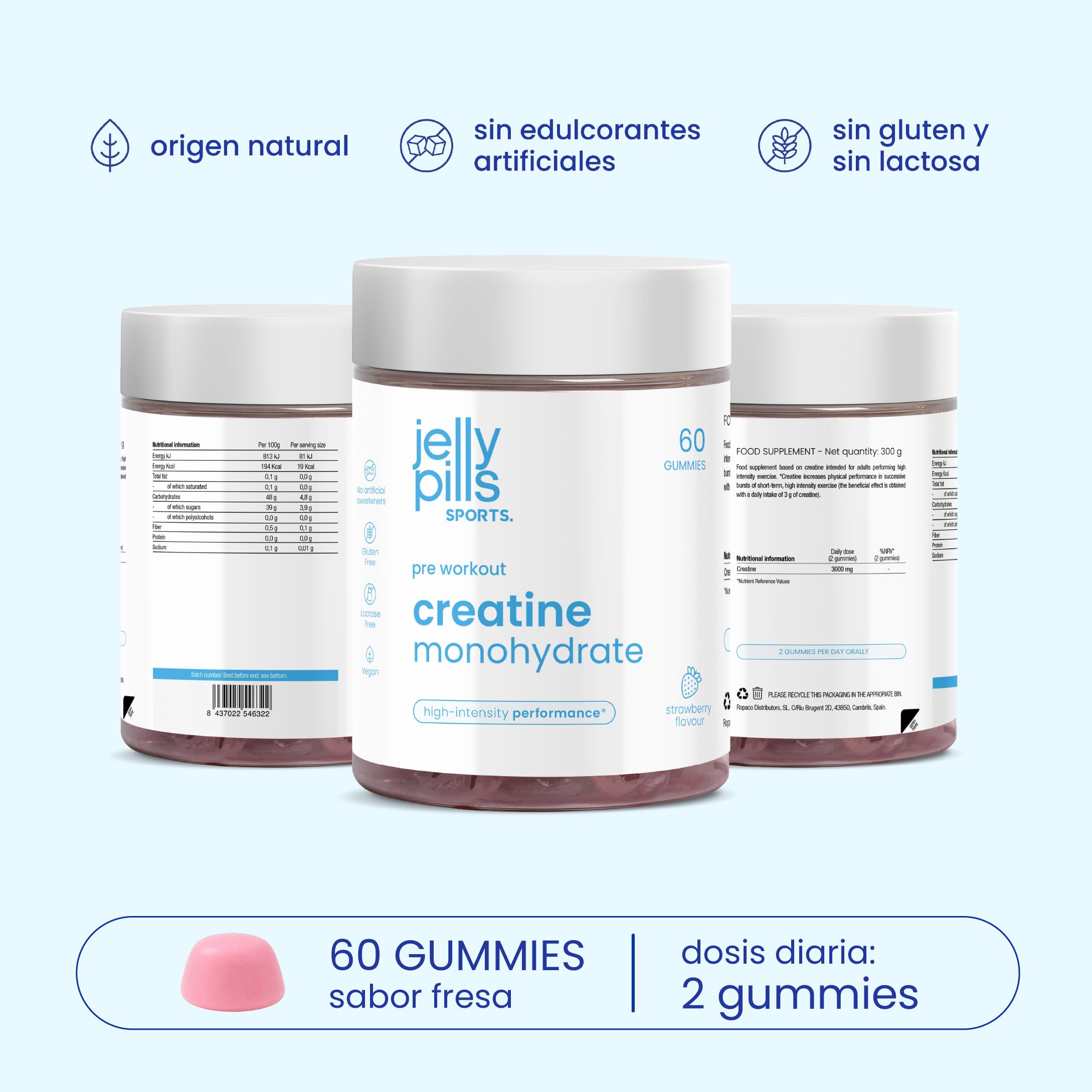 Gominolas de Creatina Monohidrato pura – 1,5 g por Gummy – 60 Gummies veganas – Pre-Workout Fuerza, Rendimiento Físico y Mental – Refuerzo Cognitivo – Sabor Fresa – Jelly Pills Sports – 1 mes