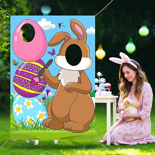 Miniatura 5 de Irenare Cartel de puerta de fotos de conejo de Pascua, tela grande, accesorios de fotos de feliz Pascua, fondo de cara de conejo de huevo, 59 x 39.4