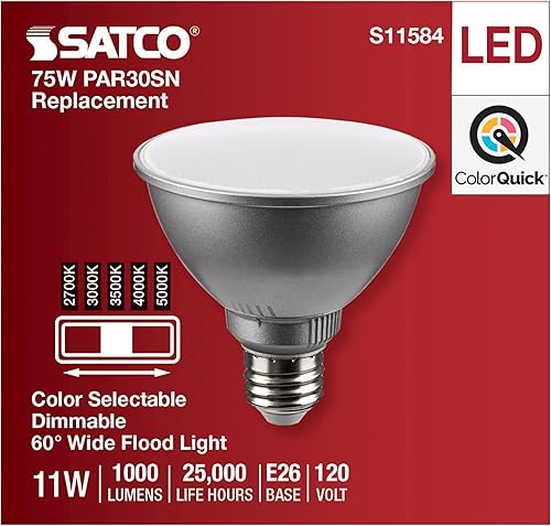 Miniatura 4 de Satco S11584 LED PAR30SN de 11 vatios base media acabado plateado CCT seleccionable 120 voltios ángulo de haz de 60 grados 11PAR30SNLED5CCTWFL120V