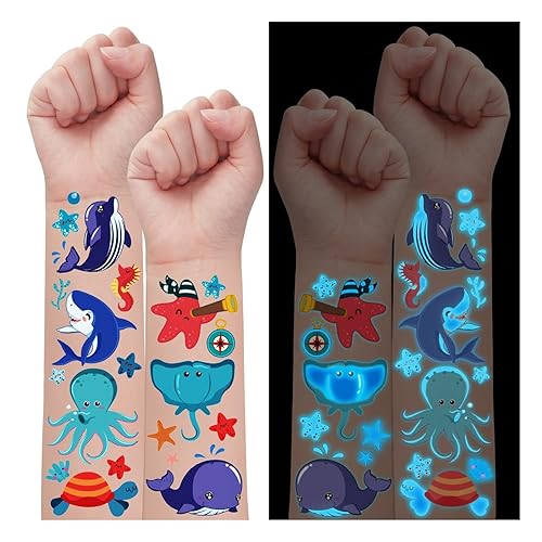 Partywind Tatuajes temporales azules luminosos bajo el mar para niños, 170 estilos que brillan en el océano, playa, piscina, fiesta de cumpleaños,