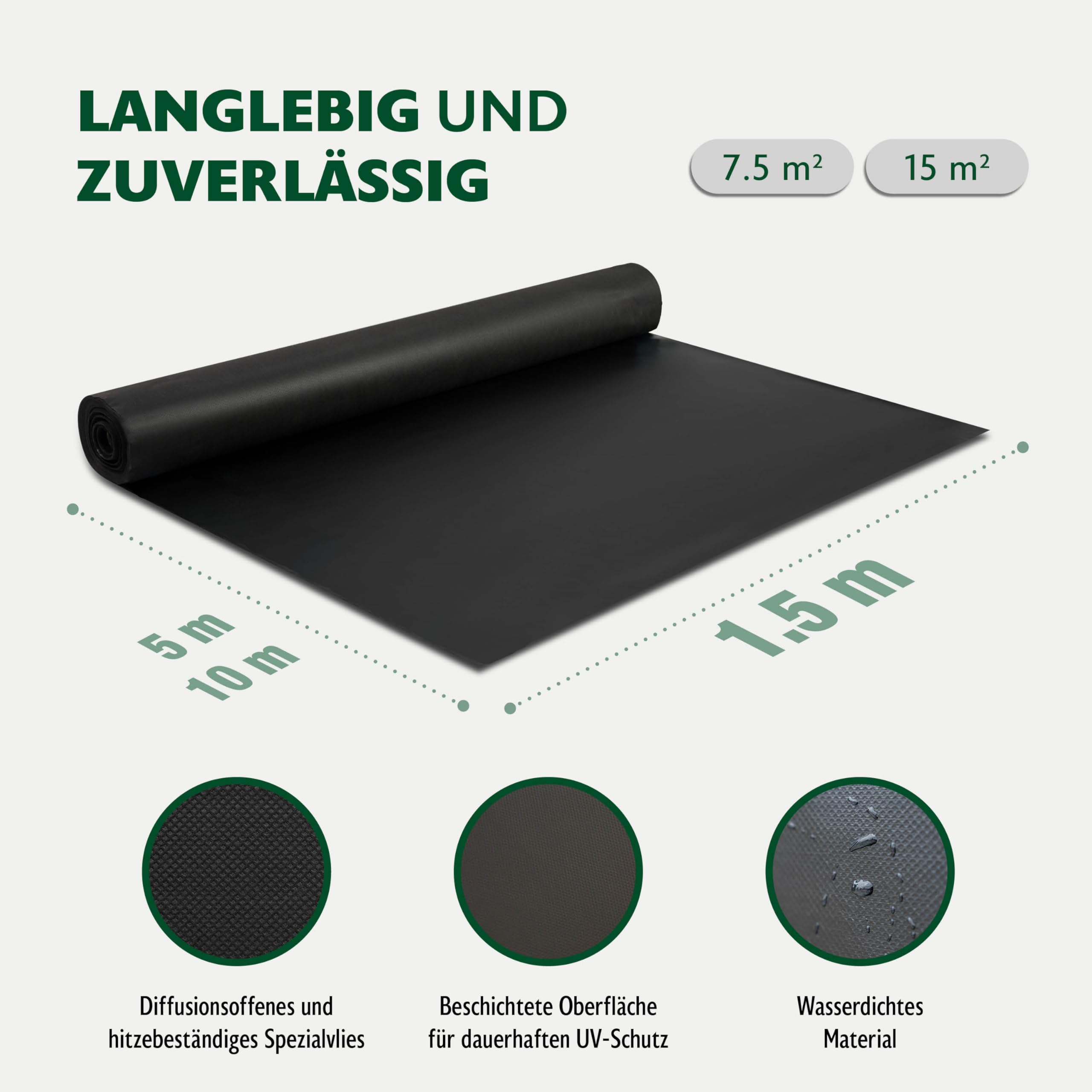 ALMO schwarze UV Fassadenbahn 15m² (1,5 x 10m), 180g/m², Diffusionsoffen, Brandklasse B, Hitzebeständig bis zu 150°C, dauerhaft UV-beständig ohne Selbstklebestreifen