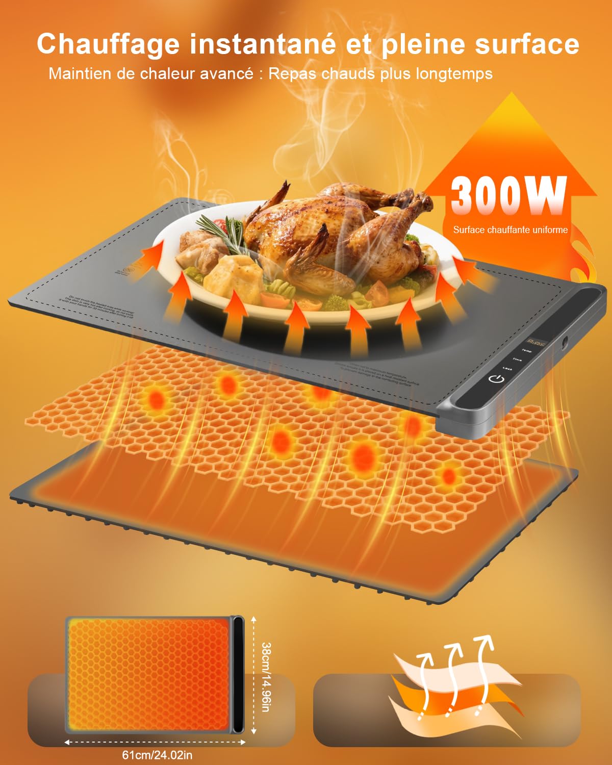 AUTOPkio Chauffe Plat Électrique, Pliable Plaque Chauffante 300W avec 6 Température 9 Minuteries, Verrouillage Enfants, Chauffe Assiette à Réchaud pour Buffets Fêtes Banquet