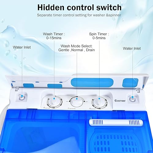 Miniatura 3 de COSTWAY Lavadora portátil, doble bañera semiautomática de 13 libras, lavadora compacta y giratoria, bomba de drenaje integrada, pomos de control y