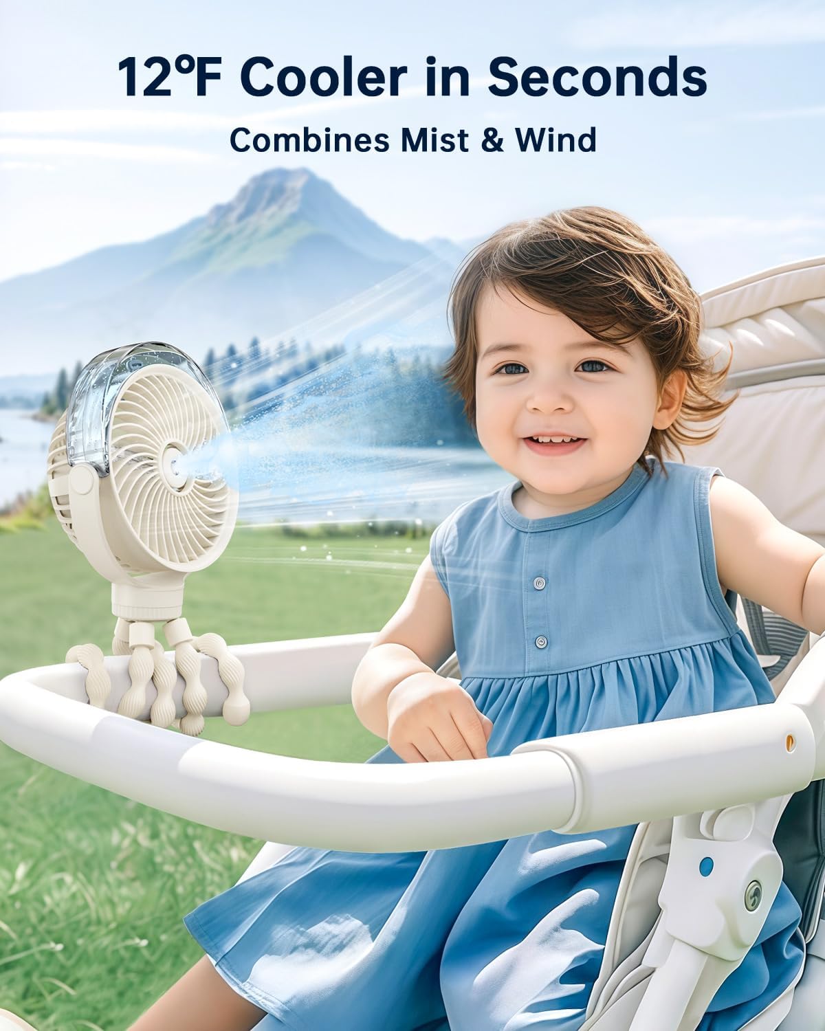 SWEETFULL Misting Stroller Fan – Portable Baby Fan with Spray Cooling, 4 Speeds, Quiet Rechargeable Fans for Travel, Outdoor, Golf Cart, Car Seat, Beach (Beige)