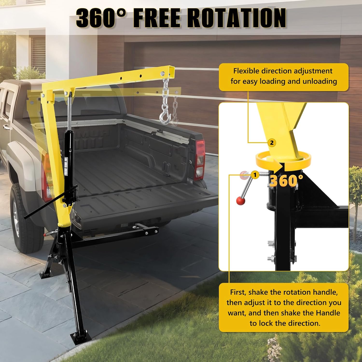 Hydraulic Pickup Truck Crane, 360° Swivel, Heavy-Duty Hitch Mounted Truck Crane with 3 Boom Capacity Options: 500lbs, 800lbs, 1200lbs for Lifting Goods in Construction, Forestry, Factory