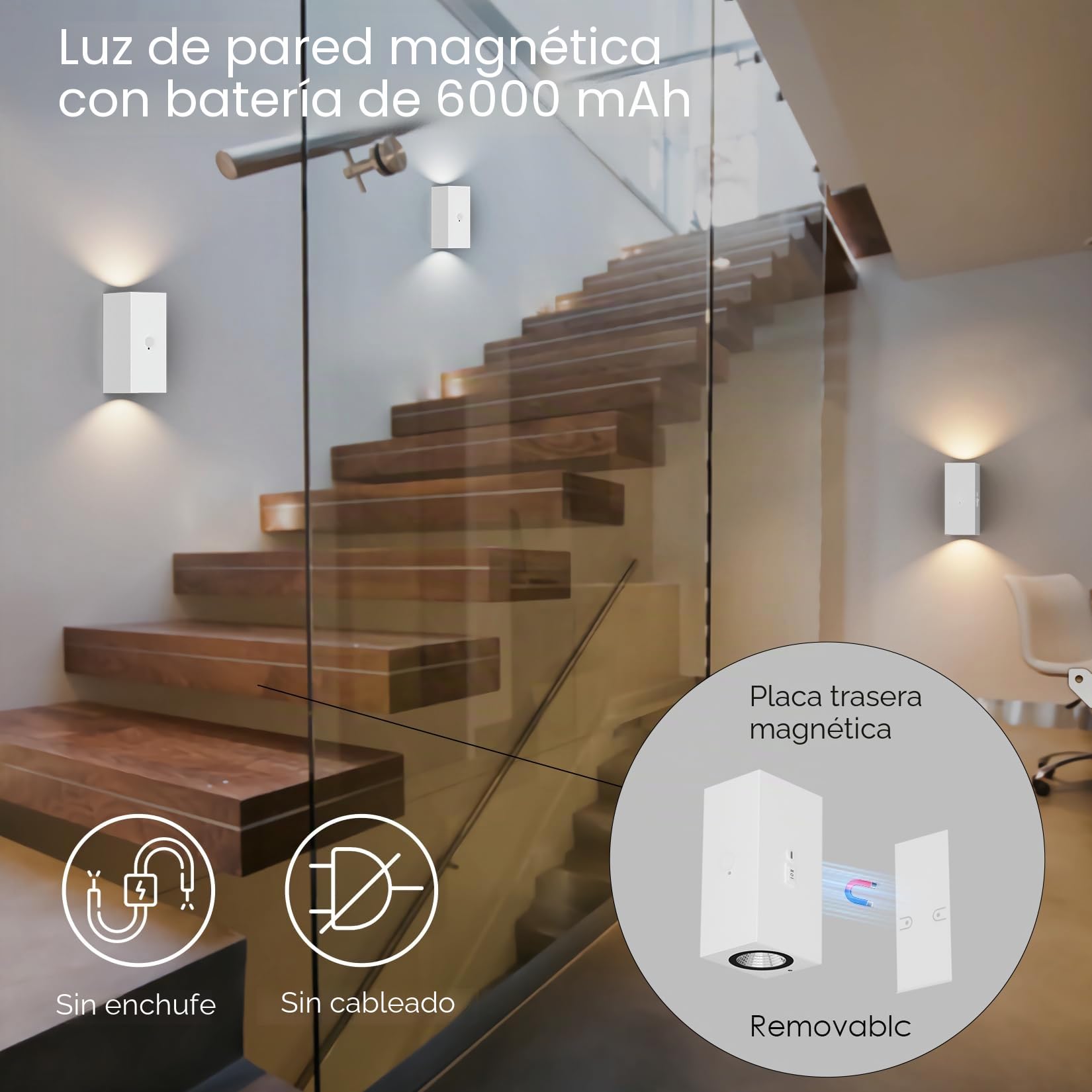 Aipsun 2 piezas LED recargable luz de pared con detector de movimiento blanco, 6000mAh, lámpara de pared inalámbrica con 3 modos, 6W 2700K para escaleras, pasillo, sala de estar, dormitorio, garaje