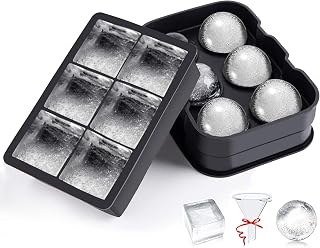LessMo 2 vassoi per cubetti di ghiaccio, creatore di sfere di ghiaccio con sfera in silicone con coperchio e stampi quadrati grandi per cubetti di ghiaccio per whisky, riutilizzabili e senza BPA