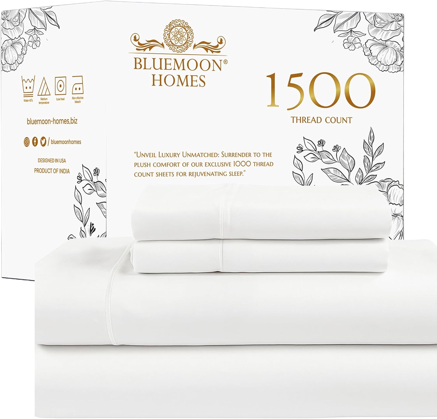 Bluemoon Homes King Size Egyptian Cotton Sheets, 1500 Thread Count, 4Pc Sheets Set, Smooth Sateen Weave King Sheet, 16" Deep Pocket, Ultra Luxury Sheet Set - White