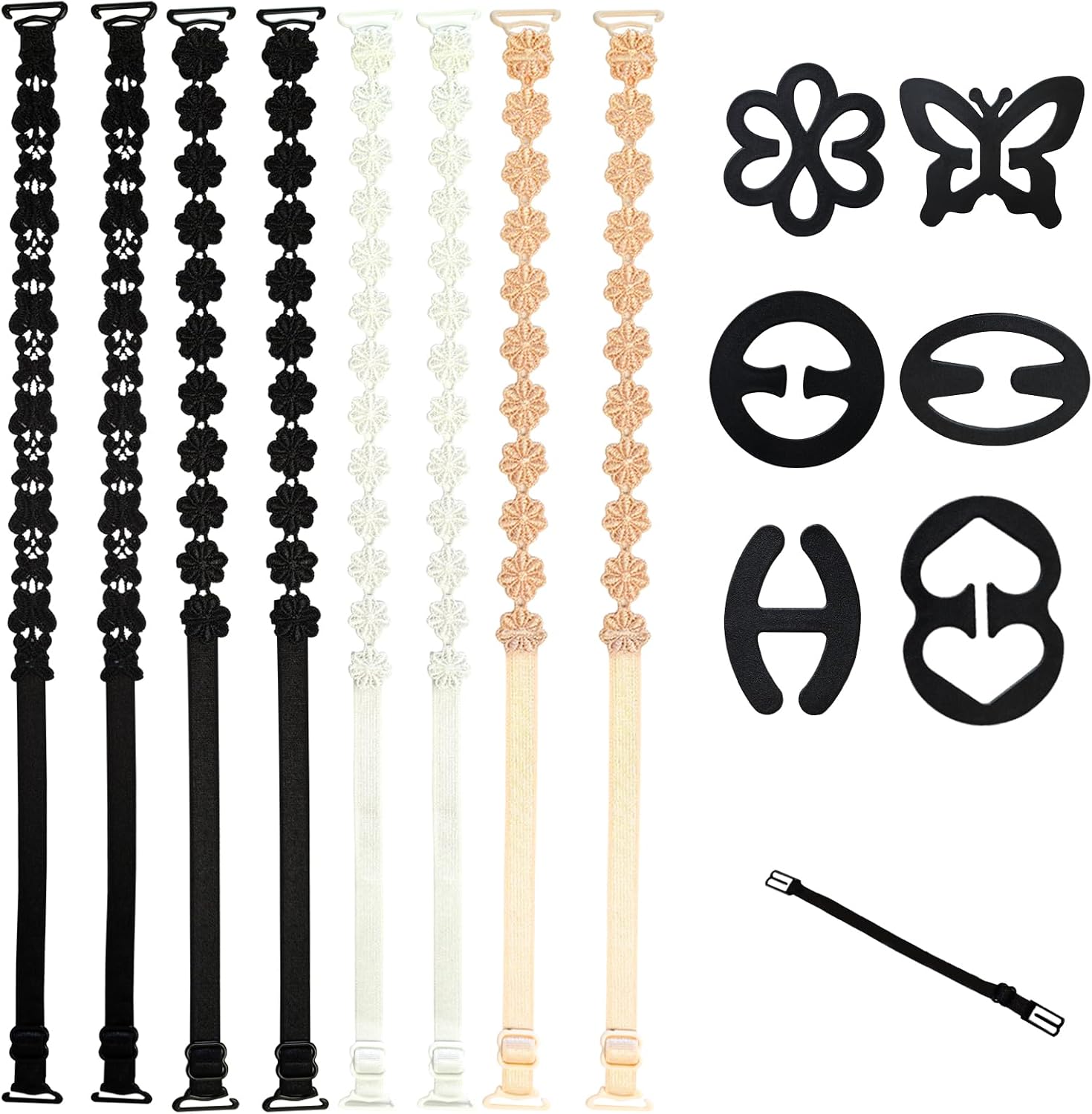 4 Pairs Floral Bra Straps Adjustable Flower Bra Straps Holders Replacement Elastic Bra Shoulder Straps 7 Pcs Black Bra Strap Clips for Back Dress Straps for Strapless Dress for Women Girls
