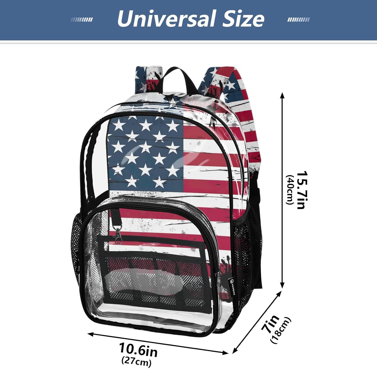 American Flag Clear Backpack with Back Print, Heavy Duty See Through Backpacks PVC Transparent Daypack for Travel Security