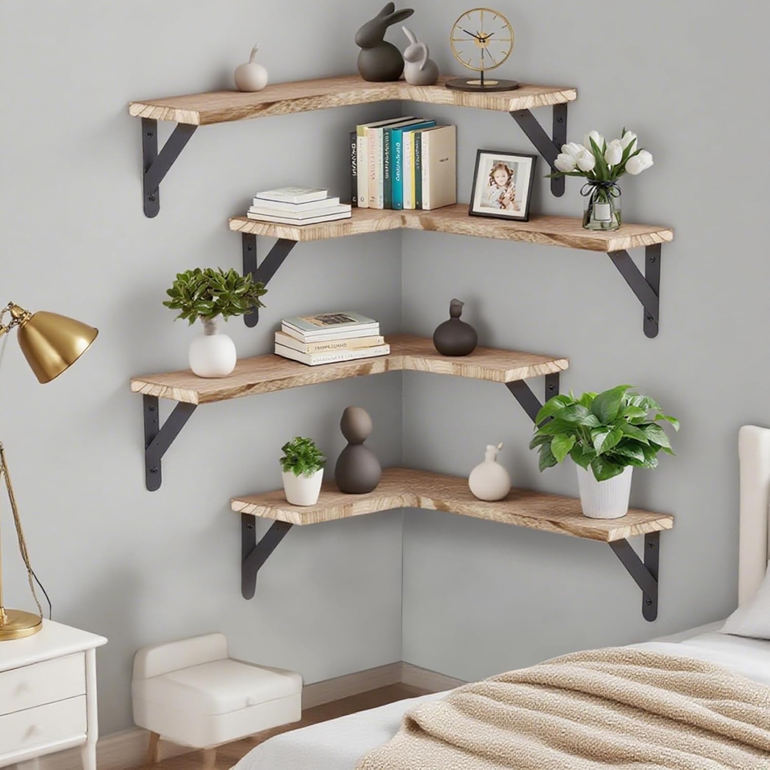 Corner Floating Shelves Set of 5, Wall Mounted Wood Shelves for Home Decor, Rustic Wood Wall Storage Corner Shelf for Kitchen Bedroom Bathroom Living Room Office, Light Brown