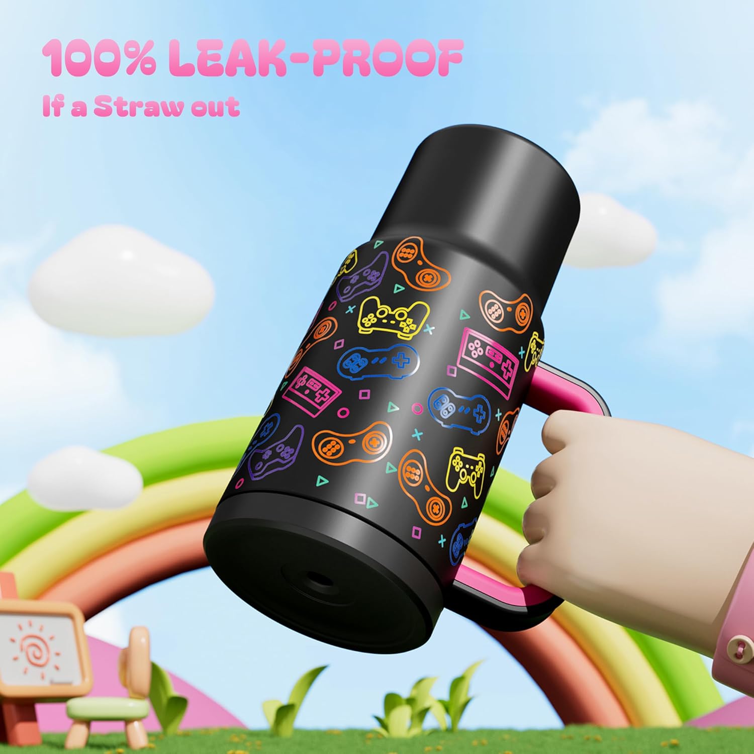 Meoky 24 oz Tumbler with Handle for Kids: Glow in the Dark Tumbler with Lid and Straw - Keeps Cold for 24 hours - Stainless Steel Travel Mug BPA-Free for Travel Car Cupholders - Boys Students, Game - Image 4