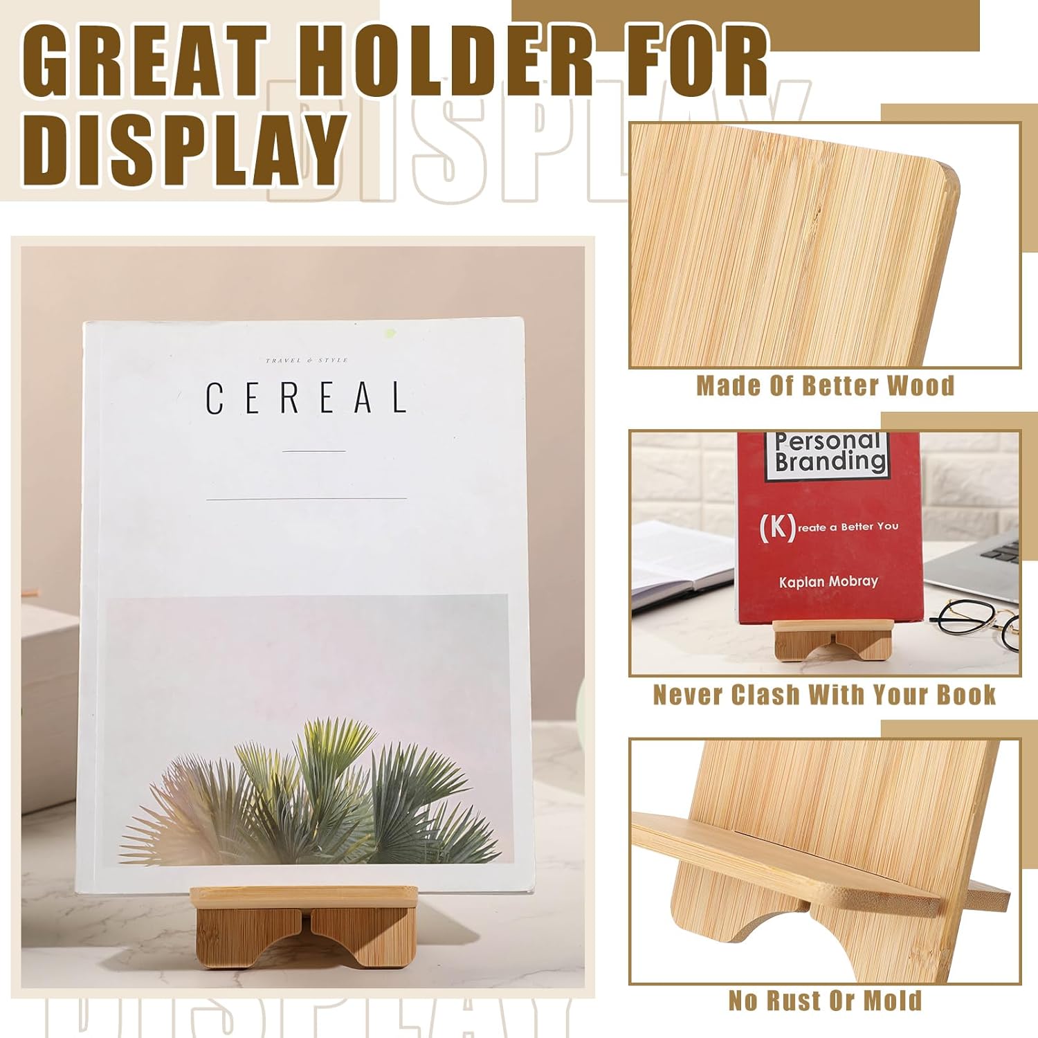 4 Pcs Bamboo Book Stand for Display Book Holder Easel Stand Collector Display Back to School Gift for Home Office Album Cd Magazine Comic Postcard Picture Artworks