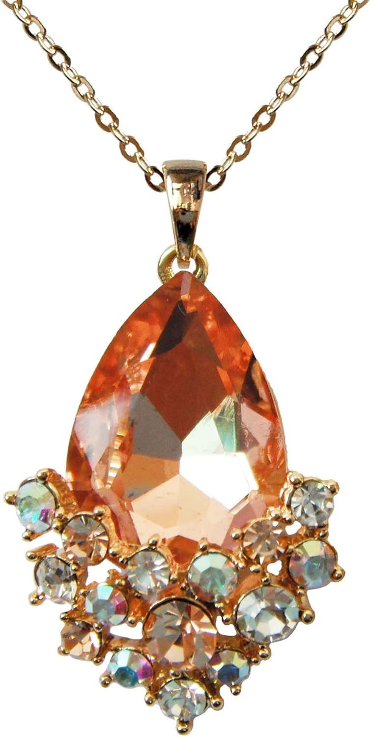 Navachi 18k Gold Plated Golden Crystal Pear-Shaped Multicolor Zirconia Pendant Necklace 16"+2"