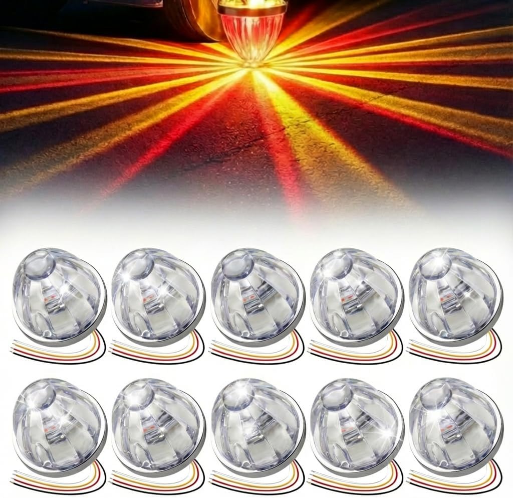 10 Pieces LED Truck Watermelon Lights 12V-24V – Two-color with Strobe Function – IP67 Waterproof Position Light Marker Light with Star Pattern Effect & Chrome Frame for Trucks, Trailers (White/Amber)