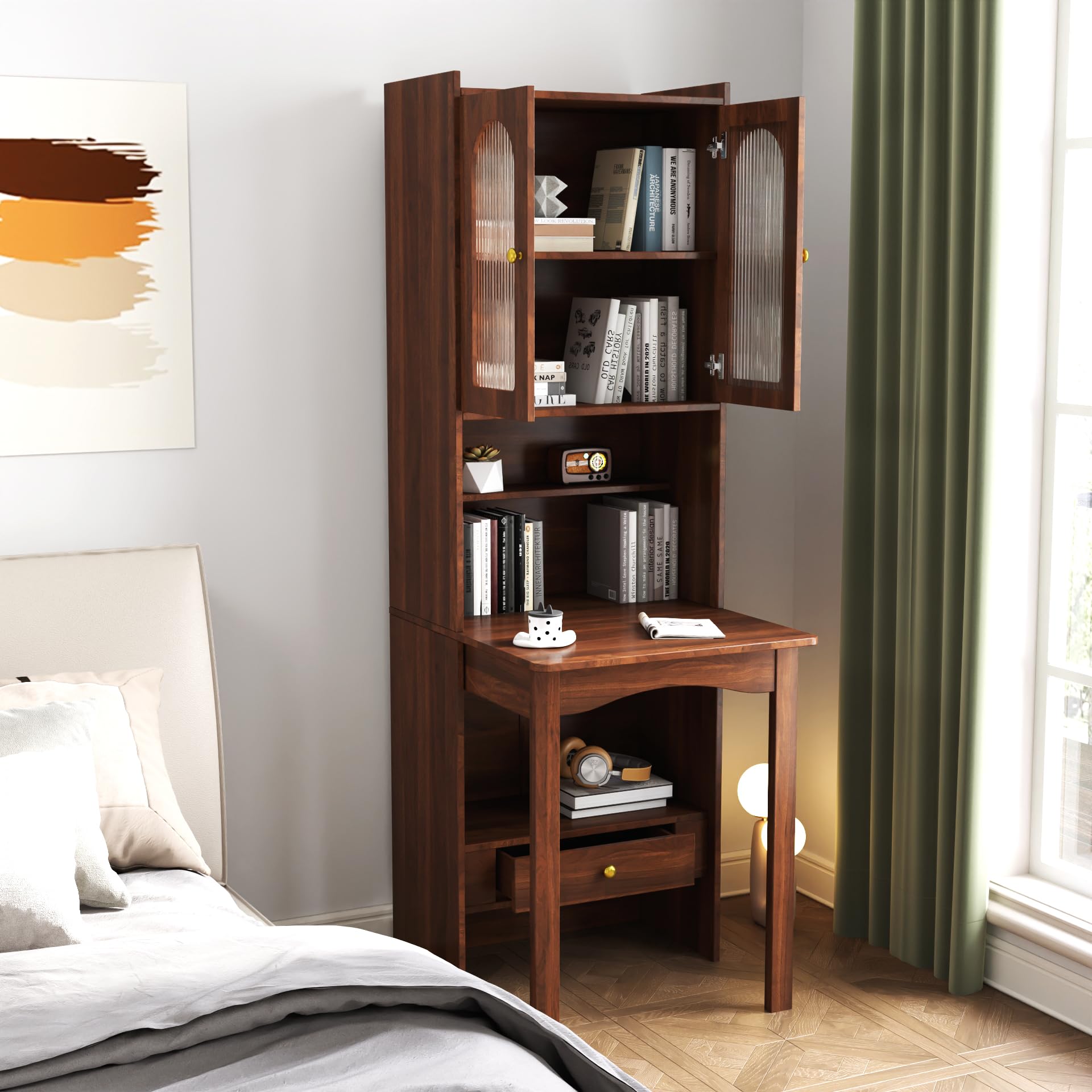 Convertible Desk Wood Folding Desk with Storage Shelves, Fold Out Writing Desk with Bookcase for Small Space Study Room, Walnut