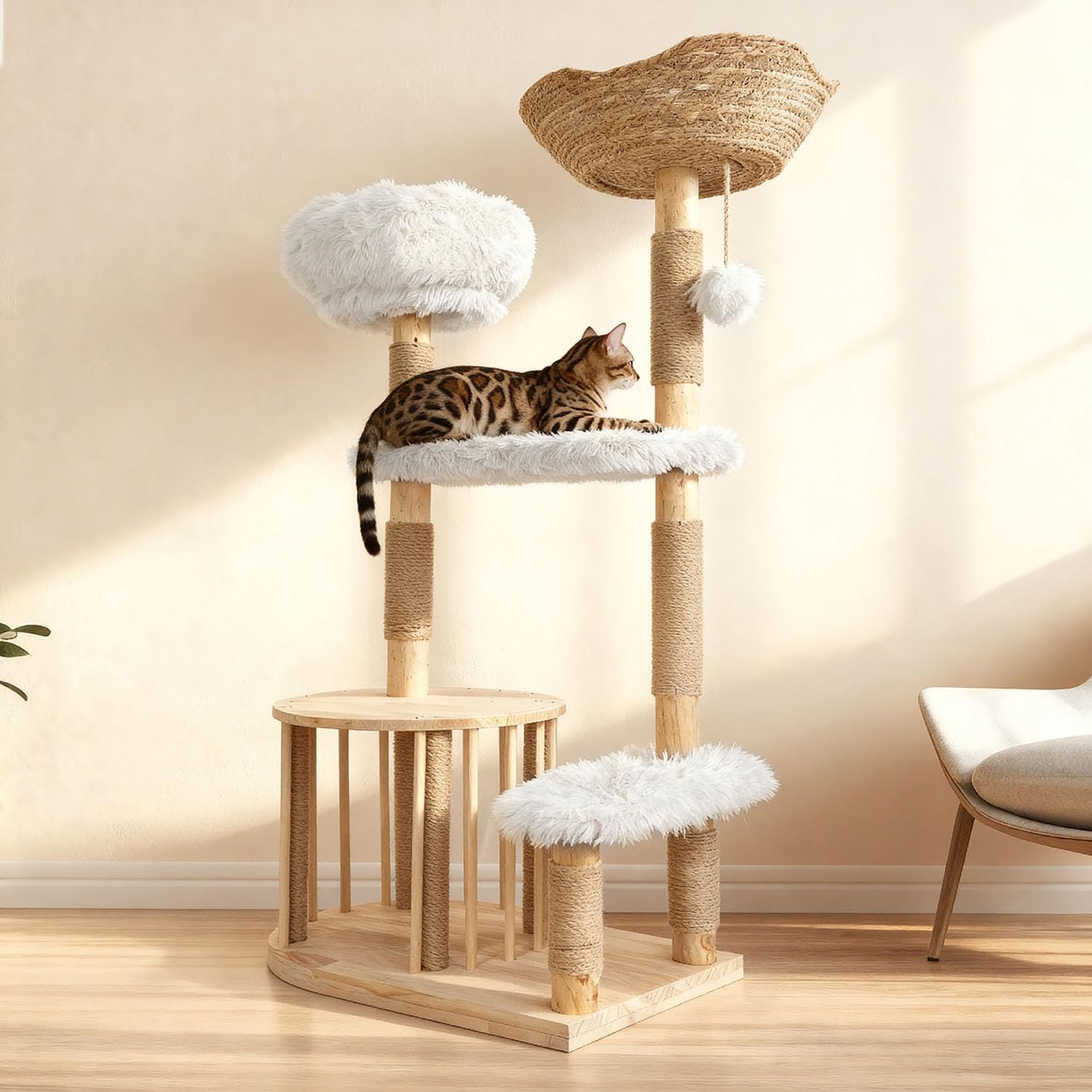 Cats Tree, 51" Modern Cat Tree Tower Natural Solid Wood Cat Furniture Luxury Condo & Dual Perches, Multi-Level Solid Wood Cat Tree Tower with Large Basket for Big Cats, White
