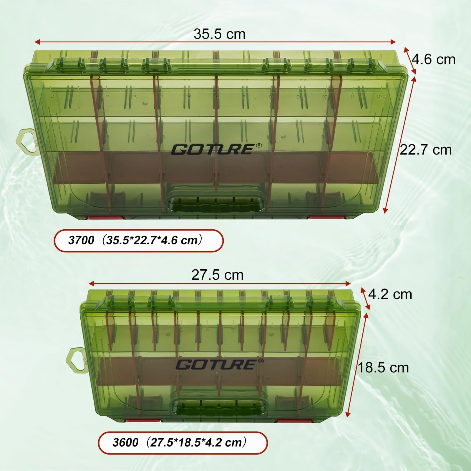 Goture Verdickte Köderbox Angeln 3700 - Transparente Angelbox mit Messlineal, Verstellbaren Trennwänden & Rutschfesten Doppelverschlüssen für Angelzubehör | Ergonomischer Griff (Option)