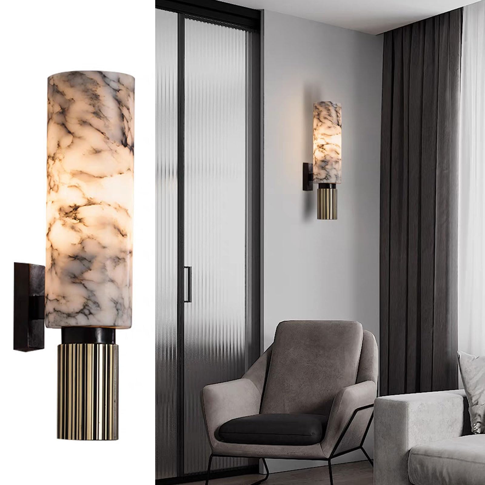 IOEDHW Spanish Alabaster Wall Sconce, 14.6" Veining Cylinder Stone Wall Light, Hardwired E27 Warm 3000K Glow for Stairs Closet Corridor Washroom(14.6 X 3.5 Inches)