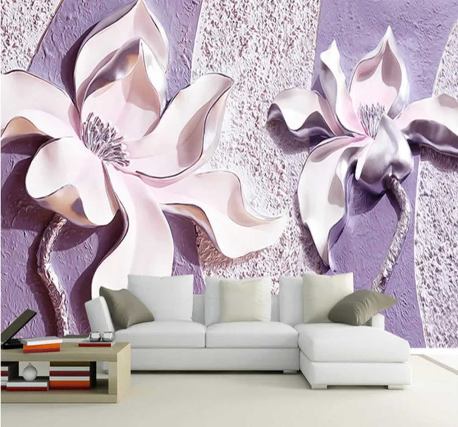 Tzxztt Large Relief Beautiful Purple Flowers Modern 3D Wallpaper Premium Textured Silk Neutral Tones Material Ideal for Living Room Bedroom-200cm×140cm