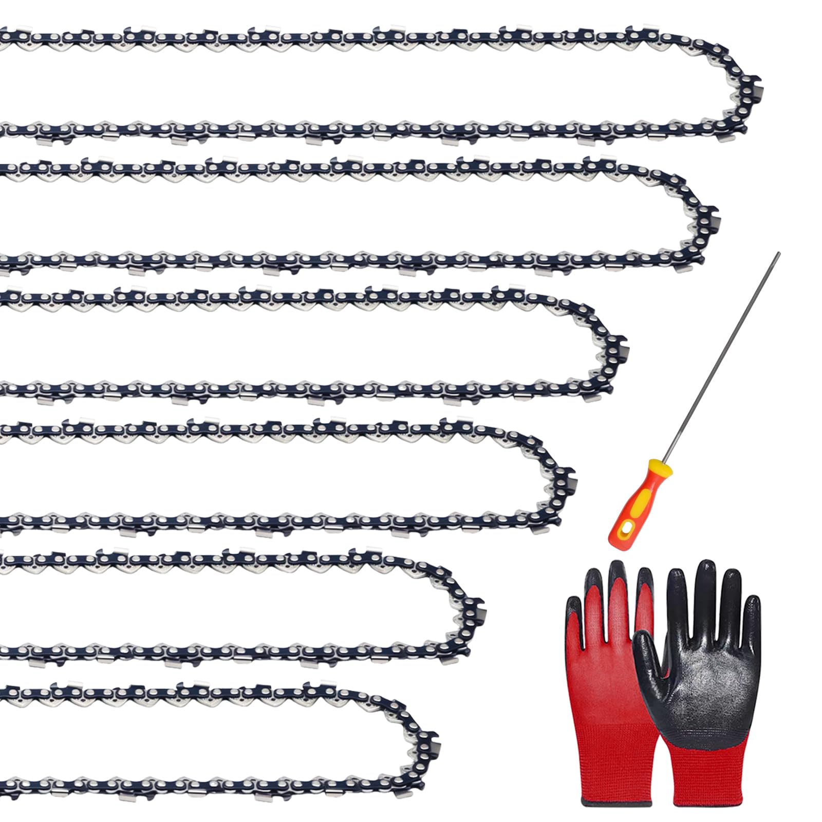 Paquete de 6 cadenas de motosierra con guantes y lima, incluye cadenas LP de 1/4 pulgadas y 3/8 pulgadas, compatibles con varias marcas de motosierras