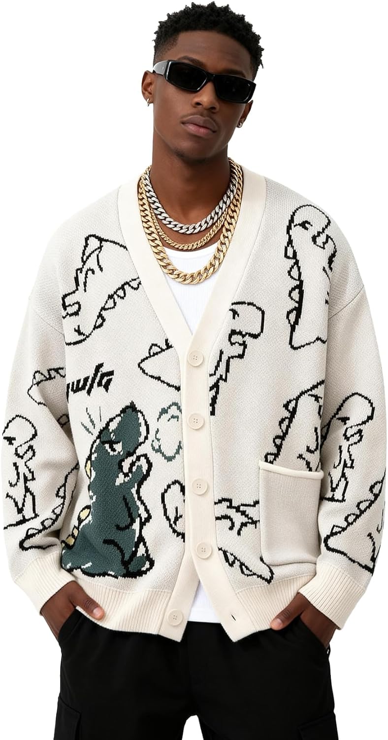 Flygo Mens Dinosaur Sweater Chunky Oversized Knitted Cartoon Button Down Sweater Cardigan