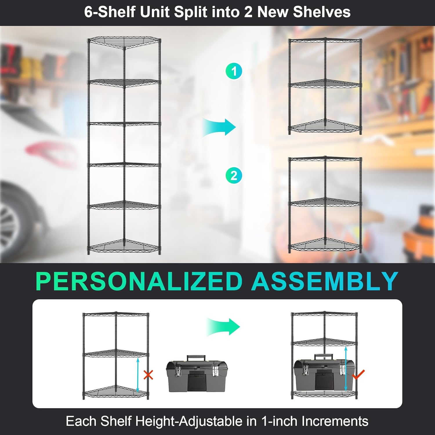 Dolonm 6 Tier Corner Shelf, NSF Wire Shelving Unit, 600 LBS Corner Storage Shelf, 20" D x 20" W x 72" H, Corner Shelves, Heavy Duty Corner Standing Shelves, Height Adjustable Rack, Pentagonal, Black