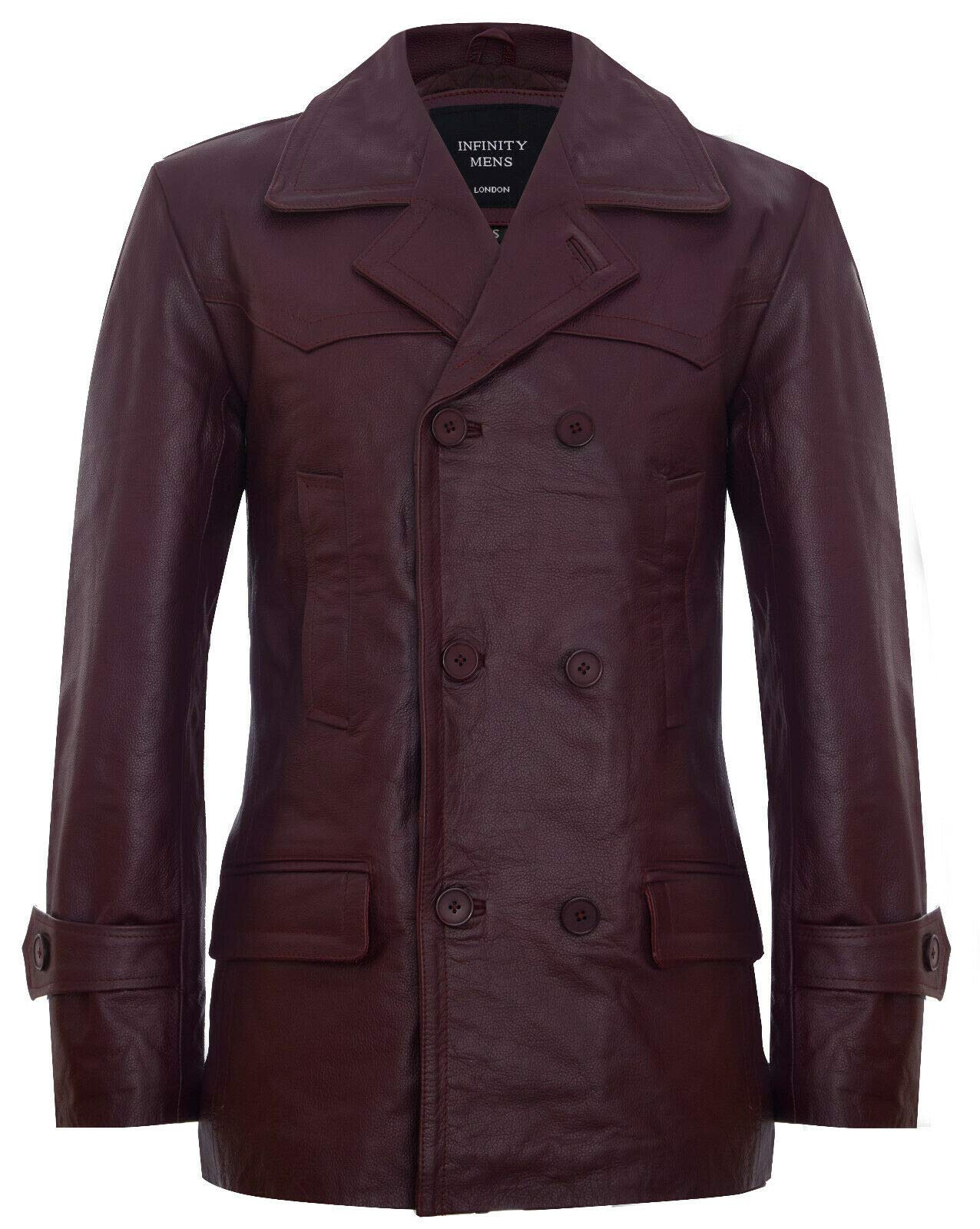 Mens Burgundy Cow Hide Leather Jacket Dr Who Naval German Pea Coat XS