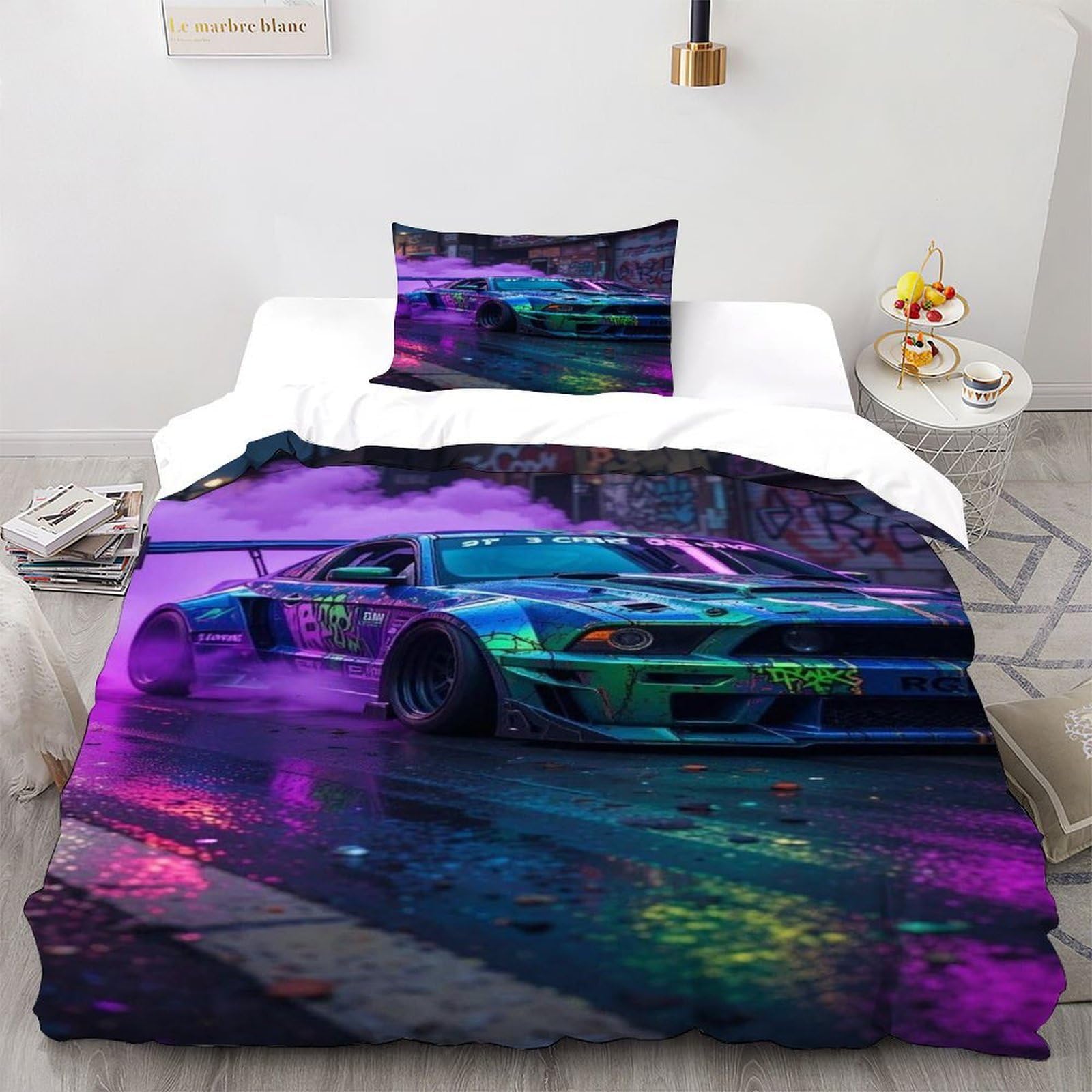 Parure de couette sports theme car smoke 135x200 microfibre 2 personnes taie d'oreiller lit simple