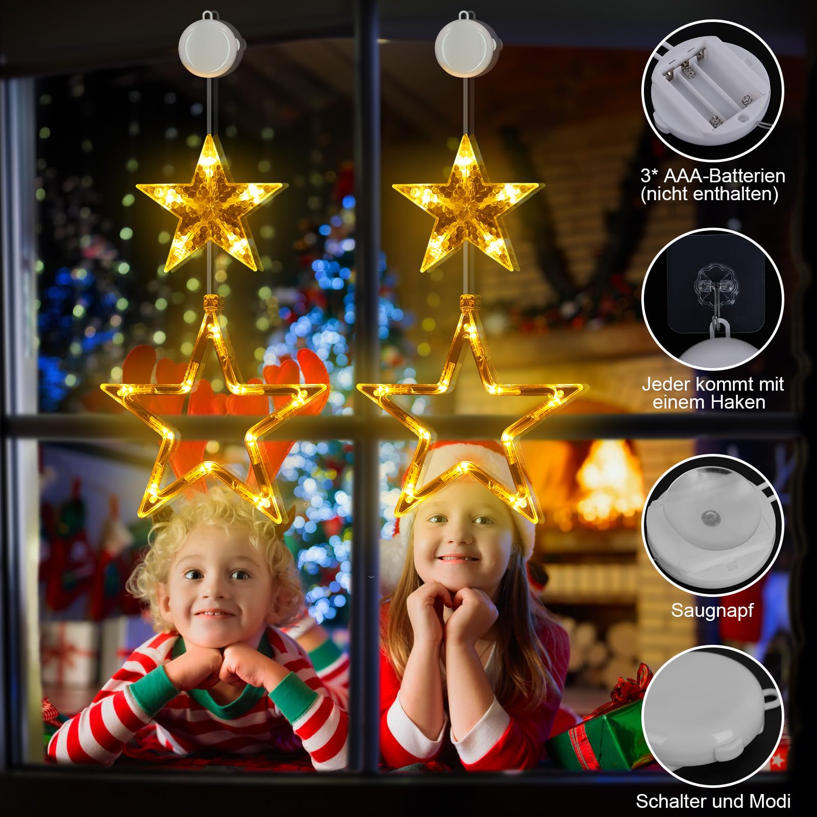 Świąteczne lampki LED w kształcie gwiazdek, 2 sztuki, 30 diod LED, dekoracja świąteczna na okno, do użytku wewnątrz, zasilane bateriami z timerem, 2 tryby, przyssawki, kurtyna świetlna